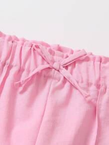 Young Girl Elastic Waist Butterfly Decoration Pleated Tapered Pants - Pink - View 3
