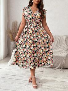 SHEIN Franclia 大码女式花卉印花全印花 V 领优雅连衣裙 - 彩色 - 查看 6