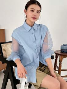 FRIFUL Women Solid Color Splice Mesh Lantern Sleeve Loose Shoulder-Baring Blouse Long Sleeve Top