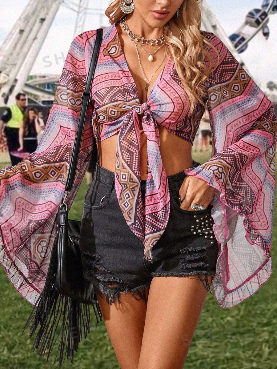 SHEIN VCAY Durchsichtige Geometrische Muster-twist-knoten Glockenärmel-musikfestival Frühling/sommer Urlaubs Hemd