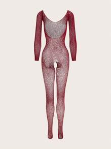 SHEIN 女士时尚性感镂空露背连体袜，外出穿着 - 酒紅色 - 查看 2