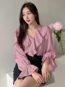 DAZY Solid Color Elegant Long-Sleeved Shirt With V-Neck And Ruffle Details