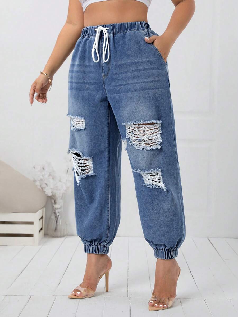 SHEIN Essnce Plus Size Women Drawstring Waist Ripped Hole Pocketed Cuffed Loose Fit Casual Jeans - Light Wash - View 1