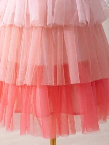 SHEIN Tween Girls' Embellished Collar Triple-Layered Mesh Ruffle-Sleeve Button-Back Blouse With Layered Mesh Skirt, 2pcs/Set