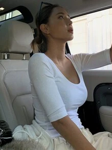 DAZY Camiseta de mujer de unicolor de punto acanalado con cuello redondo grande, para verano - Blanco - Ver 9