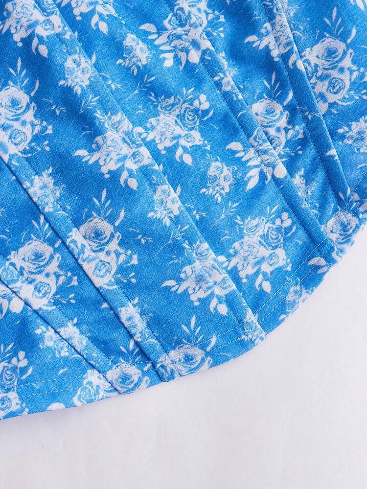 Blue And White Printed Floral Knitted Bandeau Shaping Waist Triangle Hem Cropped Top