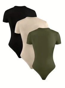 INAWLY Women's Summer Solid Color Short Sleeve Casual Bodysuit With Round Neck