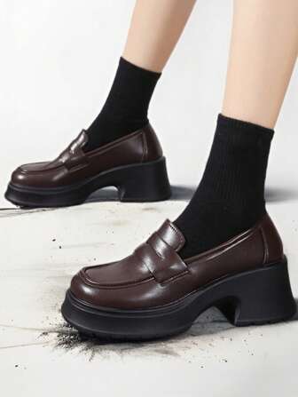 Brown Loafers Mary Jane Small Leather Shoes Soft Sole Shoes Women Professional Work Shoes Ladies Wedge Thick-Soled Shoes Matched With Skirt