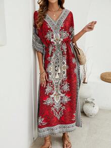Bohemian Beach Dress Beach Cover Up, Loose Fit Swimsuit Cover Up, For Holiday At The Beach - Red - View 3