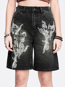 ROMWE Grunge Punk Women's Cross Print Denim Shorts - Dusty Blue - View 3