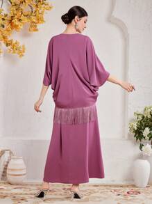 Al Najma Women Loose Turkish Style Long Shirt With Batwing Sleeves, Fringe Detail And Patchwork Kaftan Jalabiya Dress