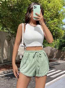 SHEIN EZwear Summer Casual Resort Wrinkled Fabric Light Green Fringed Shorts - Green - View 9