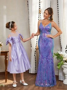 SHEIN Belle Elegante Vestido De Noche Con Brillo De Cola De Sirena, Sensual Y Descubierto En La Espalda - Multicolor - Ver 3