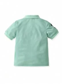 SHEIN 男童短袖恐龙印花休闲 Polo 衫，非常适合度假、假期、旅行、放松和夏季日光浴 - 綠色 - 查看 2