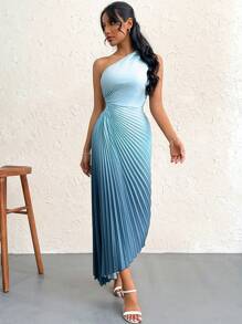 Firerie 夏季漸變色單肩露腰褶皺不對稱裙擺洋裝