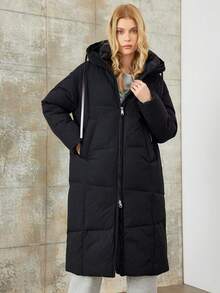 冬季保暖拉链连帽长款棉服外套 带斜口袋和抽绳的冬季外套