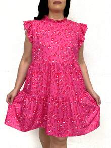 SHEIN LUNE 大码女式夏季豹纹荷叶边立领飘逸袖连衣裙 - 玫紅色 - 查看 2