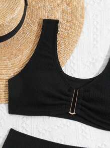 Tween Girl Bikini Set In Black And Rib Stripe Pattern - Black - View 5