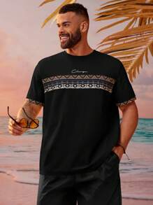 Manfinity VCAY Men Plus Size Summer Sports Leisure Knitted Geometric Printed Short Sleeve T-Shirt