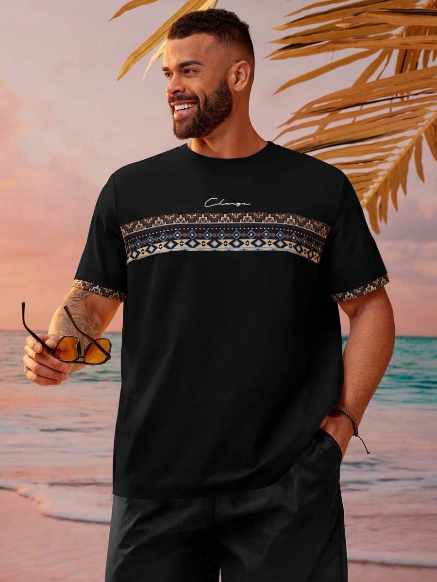 Manfinity VCAY Men Plus Size Summer Sports Leisure Knitted Geometric Printed Short Sleeve T-Shirt