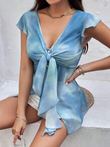 SHEIN Essnce Casual Women Summer Front Knot Tie Dye Short Flared Sleeve Top