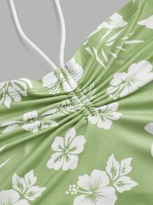 SHEIN MOD Women  Botanical Printed Halter Neck Drawstring Top - Lime Green - View 3
