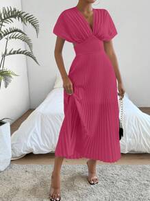 SHEIN Privé 夏季休閒深V領褶皺腰帶連衣裙 - 玫瑰紅 - 查看 5