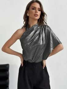 SHEIN Privé 女性時尚一字肩荷葉邊袖襯衫 - 灰色 - 查看 5