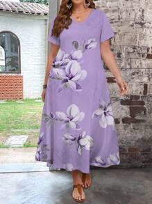 EMERY ROSE Plus-size dames bloemenprint lange getailleerde casual jurk, zomer