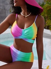 Swim Mod Women's Rainbow Ombre Ruffled Bikini Set For Summer Beach Vacation - Multicolor - View 3