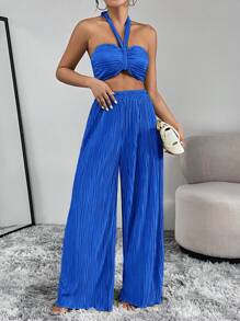 Firerie Conjunto de dos piezas para mujer, top de halter de color sólido y pantalones - azul real - Ver 3
