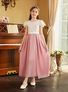 SHEIN Vestido de Chiffon com Renda Para Menina Pré-Adolescente Para a Temporada de Casamentos Como Vestido de Dama de Honra