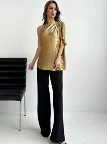 SHEIN Privé 女性夏季金屬質感單肩荷葉邊袖子襯衫 - 金色 - 查看 6