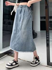 DAZY 女士毛边牛仔裙，适合春夏穿着 - 藍色 - 查看 4