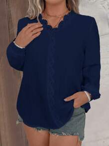 SHEIN LUNE Women's Plus Size V-Neck Solid Color Casual Shirt - Navy Blue - View 5