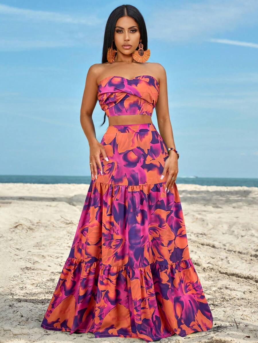 BamGleam 荷葉側邊紐扣和分裂大腿荷葉邊裙子套裝 - 紫色 - 查看 1