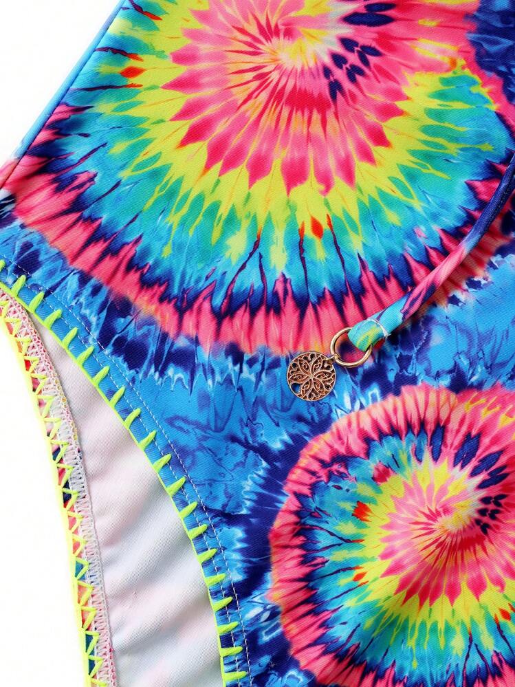 SHEIN Swim Traje De Baño De Una Pieza Con Corbatín Para Mujer Con Diseño Tie-dye - Multicolor - Ver 4