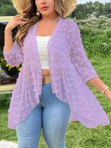 SHEIN Holidaya Chaquetilla traslúcida Primavera/Verano de talla grande, unicolor, con corte en la cintura y cinturón - Morado - Ver 4