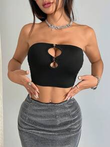 Allurite 女款純色中空圓形短肚兜，性感無肩帶夏季上衣 - 黑色 - 查看 1