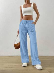 SHEIN EZwear Màu Quả mơ Bông Và Lanh Lỏng lẻo Thẳng Eo dây rút Túi nghiêng Quần - Màu xanh bụi bặm - Xem 6