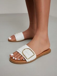 CUCCOO BIZCHIC Woman Shoes Fashionable Round Toe Woven Sandals With Metal Buckle Detail For Spring And Summer - White - View 6