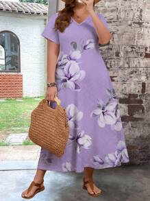EMERY ROSE Plus-size dames bloemenprint lange getailleerde casual jurk, zomer