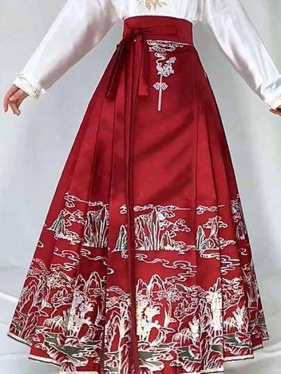 Summer Improved Chinese Style Printed Ma Mian Qun Skirt In Chinese Red, Traditional Clothing