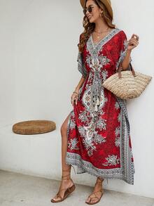 Bohemian Beach Dress Beach Cover Up, Loose Fit Swimsuit Cover Up, For Holiday At The Beach - Red - View 4