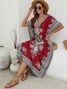 Bohemian Beach Dress Beach Cover Up, Loose Fit Swimsuit Cover Up, For Holiday At The Beach - Red - View 6