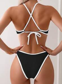 Vaytide Set Bikini Phối Màu Viền Trên Và Dưới Riêng Biệt Đi Biển Mùa Hè - Đen và trắng - Xem 3