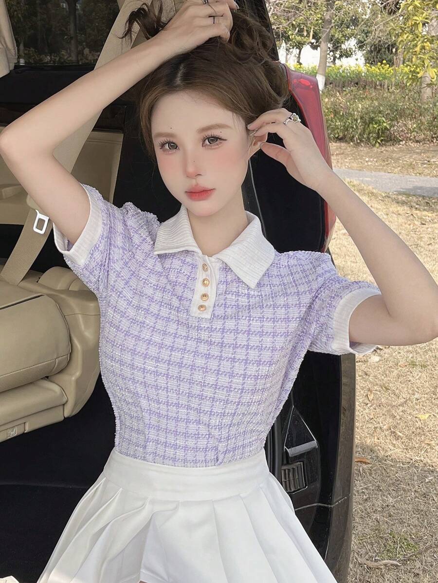 DAZY Texture Plaid Collar Short Sleeve T-Shirt Summer - Purple - View 1