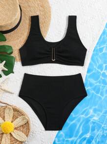 Tween Girl Bikini Set In Black And Rib Stripe Pattern - Black - View 2