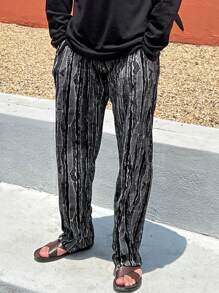 DAZY Men Straight Leg Casual All Seasons Printed Baggy Pants With Pockets, For Fall - Black - View 4