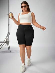 SHEIN Essnce 女士加大碼夏季拼接皮革打版緊身褲 - 黑色 - 查看 6